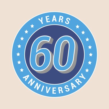 60 yıllık vektör simgesi, amblemi. 60. yıldönümü için mavi madalyalı tasarım ögesi