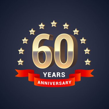 60 yıllık vektör ikonu, logo. 60. yıl dönümü dekorasyonu için altın 3D numaraları olan grafik tasarım ögesi
