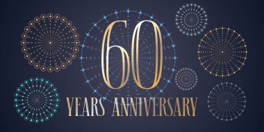 60 yıllık vektör ikonu, logo. Şablon tasarımı, 60. yıldönümü tebrik kartı için havai fişek pankartı, dekorasyon ögesi olarak kullanılabilir