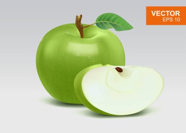 Yüksek gerçekçi yeşil elma vektör çizimi, ikon. Yeşil yapraklı ve su damlacıklı üç boyutlu bir elma.