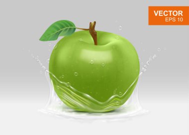 Su sıçratan gerçekçi üç boyutlu tasarım elementi ile tam yeşil elma. Vitamin ve meyve konsepti çizimi