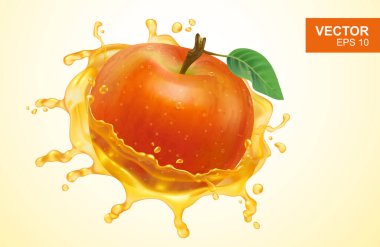 Gerçekçi kırmızı elma ve elma suyu maketinin kompozisyonu. 3D fotoğraf gerçekçi meyveli vektör illüstrasyonuName