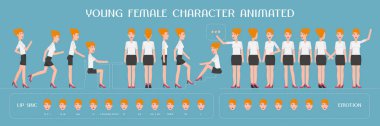 Kadın, kız karakter oluşturma ve animasyon için bir dizi vektör öğesi. Farklı duygular, pozlar, yüz ifadeleri, genç kadın inşaatçının vücut parçaları.