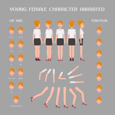 Kadın karakter yaratımı ve animasyonu için bir dizi vektör elemanı. Farklı duygular, pozlar, yüz ifadeleri, genç bir kadının vücut parçaları.
