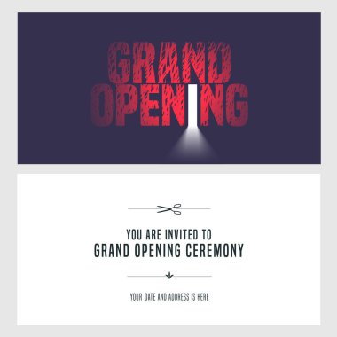 Grand opening vector illustration, invitation card for new store. Template banner, design element for opening ceremony, red ribbon cutting event clipart