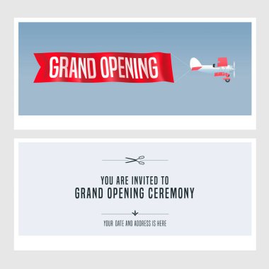 Büyük açılış törenine davetiye kartı için vektör retro çift kanatlı tasarım ögesi. Mağaza açılışı daveti
