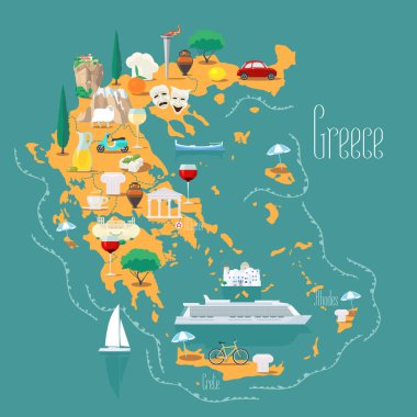 Map of Greece with islands vector illustration, design. Icons with Greek landmarks, acropolis and food. Explore Greece concept image vector Map of Greece with islands vector illustration, design. Icons with Greek landmarks, acropolis and food. Explore Greece concept image vector