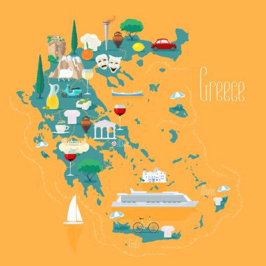 Map of Greece with islands vector illustration, design element. Icons with Greek ancient ruins, acropolis. Explore Greece concept image vector Map of Greece with islands vector illustration, design element. Icons with Greek ancient ruins, acropolis. Explore Greece concept image vector