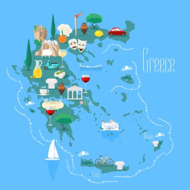Yunanistan haritası ada vektör illüstrasyonu, tasarım elementi. Yunan simgelerine ve turistik etkinliklere sahip ikonlar. Yunanistan 'a seyahat konsept resmi