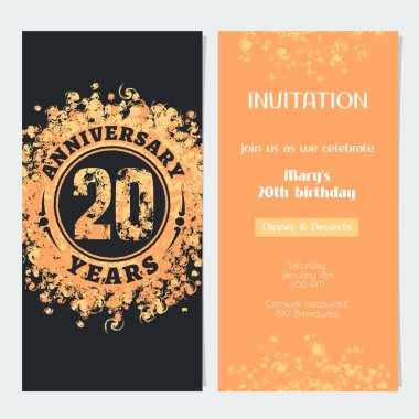 Yirminci yıl dönümü davetiyesi. Yirminci yaş günü kartı için altın rengi ve metin tasarımı ögesi, parti daveti