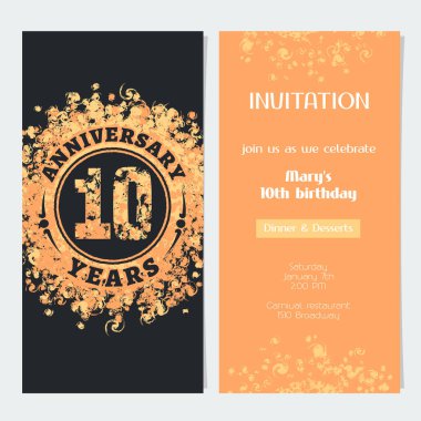 10. yıl dönümü kutlaması için vektör illüstrasyonuna davet. 10. yaş günü kartı için altın rengi ve metin içeren tasarım ögesi, parti daveti