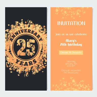 Kutlama etkinliği illüstrasyonuna 25. yıldönümü davetiyesi. 25. yaş günü kartı için altın rengi ve metin içeren tasarım ögesi, parti daveti