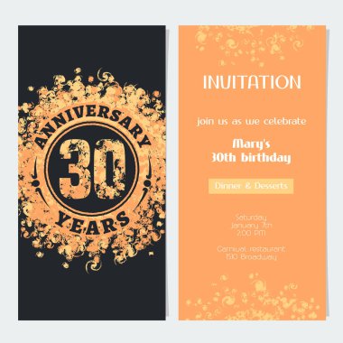 Kutlama etkinliği illüstrasyonu için 30. yıldönümü davetiyesi. Altın rengi ve 30. yaş günü kartı için metin içeren tasarım ögesi, parti daveti