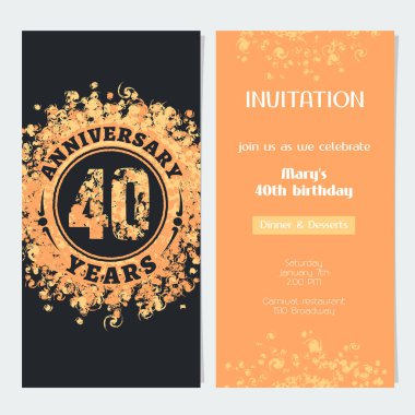 Kutlama etkinliği illüstrasyonunun 40. yıldönümü davetiyesi. 40. yaş günü kartı için altın rengi ve metin içeren tasarım ögesi, parti daveti
