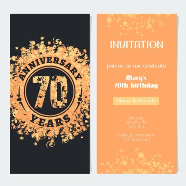 Kutlama etkinliği illüstrasyonu için yetmiş yıllık davet. 70. yaş günü kartı için altın rengi ve metin içeren tasarım ögesi, parti daveti