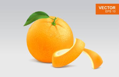 Gerçekçi turuncu vektör klipsi, ikon, yeşil yapraklı maket ve su damlası. İzole edilmiş arka planda kabuğu soyulmuş sulu natüralist meyve tasviri