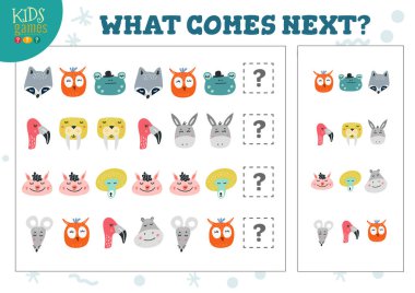 Sırada ne var? Eğitici oyun vektör çizimi. Kurbağa, mors ve eşekle mantık geliştirme etkinliği