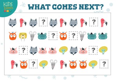 Sırada ne var? Eğitici oyun vektör çizimi. Şirin hayvanlarla mantık geliştirme etkinliği