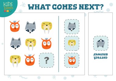 Sırada ne var? Eğitici bilgi yarışması vektör çizimi. Mantık geliştirmek için sevimli hayvanlarla oyun öğrenme, etkinlik