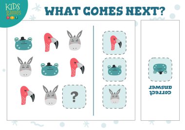 Sırada ne var? Eğitici oyun vektör çizimi. Anaokulu çocukları için mantık geliştirme etkinliği