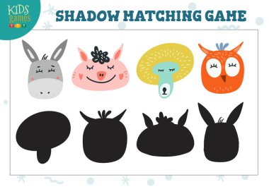 Doğru gölge eğitimi veren anaokulu öğrencilerinin oyununu bulmak için ayarlandı. Gölge eşleşmesi için sevimli hayvanlarla vektör illüstrasyonuName