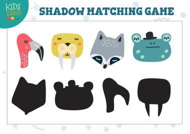 Doğru gölge eğitimi veren anaokulu öğrencilerinin aktivitelerini bulmaya ayarlanmış. Gölge eşleştirme oyunu için sevimli hayvanlarla vektör illüstrasyonu