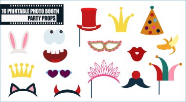 Doğum günü için fotoğraf kabini aksesuarı koleksiyonu ya da eğlenceli parti vektör illüstrasyonu. Şapka, gözlük, taç, paskalya tavşanı ve fotoğraf kabini kolajı için komik simgeler