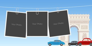 Fotoğraf çerçeveleri vektör illüstrasyonunun kolajı. Fotoğraf ya da resimler için Paris kemer de Triumph ve şablonları tasarım ögesi