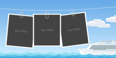 Fotoğraf çerçeveleri vektör illüstrasyonunun kolajı. Okyanusta seyahat gemisinin tasarım ögesi ve fotoğraf albümü olarak resimler için şablonlar