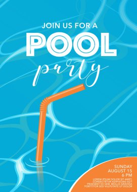 Yüzme havuzu vektör çiziminde saman olan havuz partisi posteri. Şablon tasarım ögesi, yaz etkinliği için arkaplan
