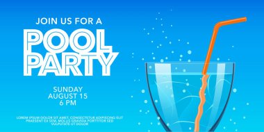 Mavi arkaplan vektör illüstrasyonunda içki bardağı olan havuz partisi yatay afişi. Yaz partisi daveti için şablon tasarımı ögesi