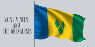 Saint Vincent ve Grenadinler bayrak direği vektör illüstrasyonunda bayrak sallıyorlar. Saint Vincent ve Grenadines 'in sarı yeşil çizgileri ülkenin bir sembolü olarak dalgalı gerçekçi bayrak