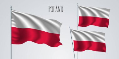 Polonya, vektör illüstrasyonunun bayrağını sallıyor. Polonya 'nın beyaz kırmızı renkleri vatanseverlik sembolü olarak gerçekçi bayrak sallıyor