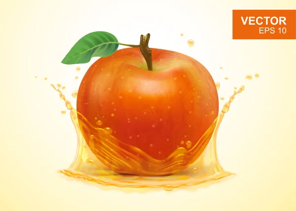 Realistic red apple and splash of apple juice vector illustration. Close up of juicy fruit for packaging, advertising