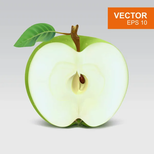 Slice of green apple realistic 3D illustration, design element. Half of apple with leaf on isolated background