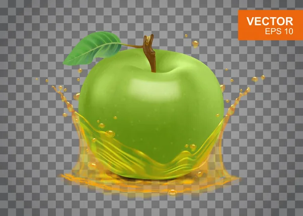 Realistic green apple with splash of apple juice vector illustration. 3d fruit with leaf on isolated background