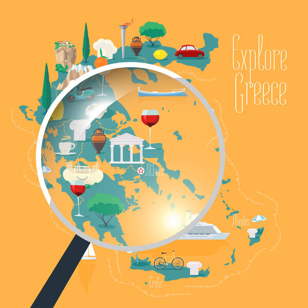 Map of Greece vector illustration, design element. Icons with Greek landmarks, travel places of interests. Explore Greece concept image with magnifier