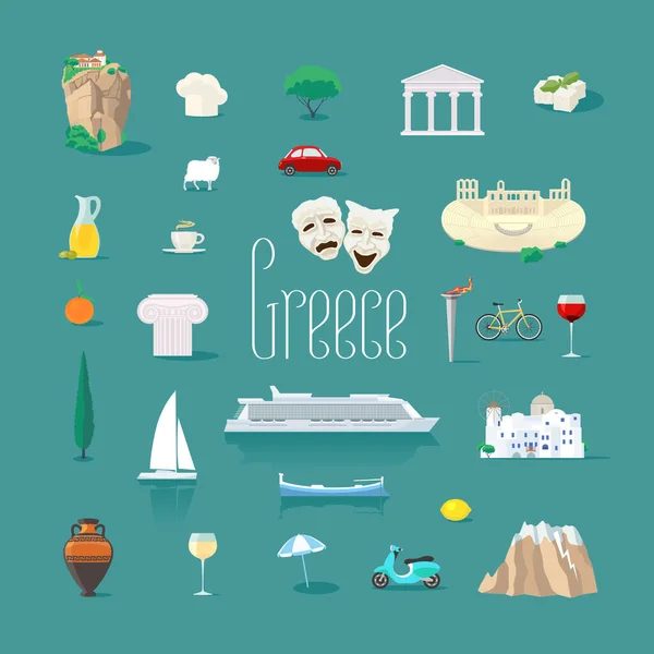 Set Icons Greek Landmarks Vector Ancient Ruins Athens Acropolis Santorini — Stock Vector