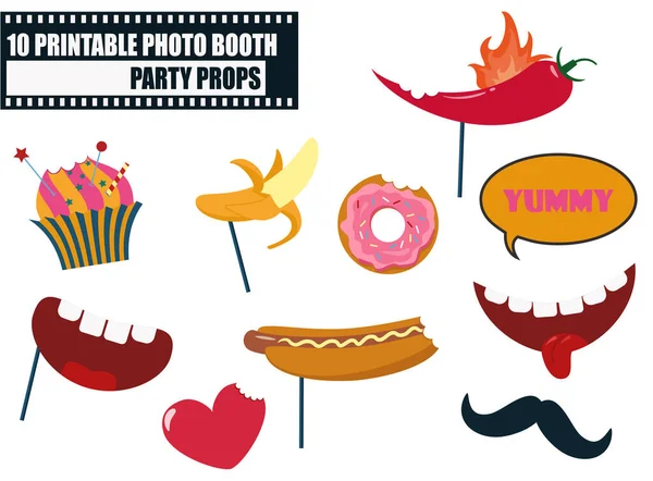 Fotoğraf kabini vektör illüstrasyonunu destekliyor. Hippi tarzı tasarım öğelerine sahip ikon koleksiyonu. Ağız, diş, kek, bıyık, yiyecek gibi. Fotoğraf kabini çekimi için mükemmel.