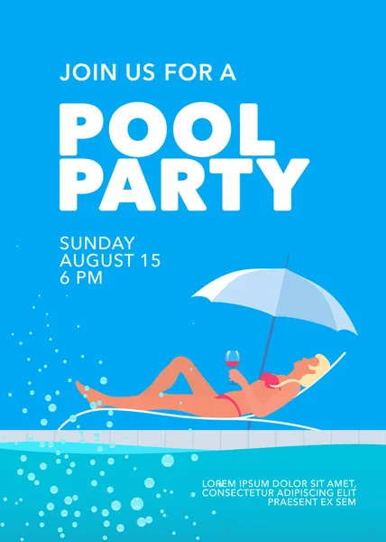 Poolparty Poster Mit Mädchen Unter Sonnenschirm Und Pool Vektor Illustration — Stockvektor