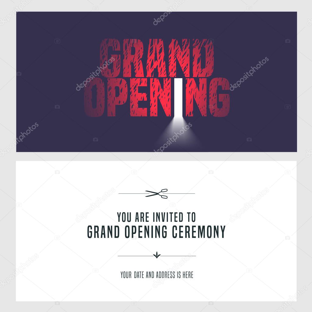 Grand opening vector illustration, invitation card for new store. Template banner, design element for opening ceremony, red ribbon cutting event