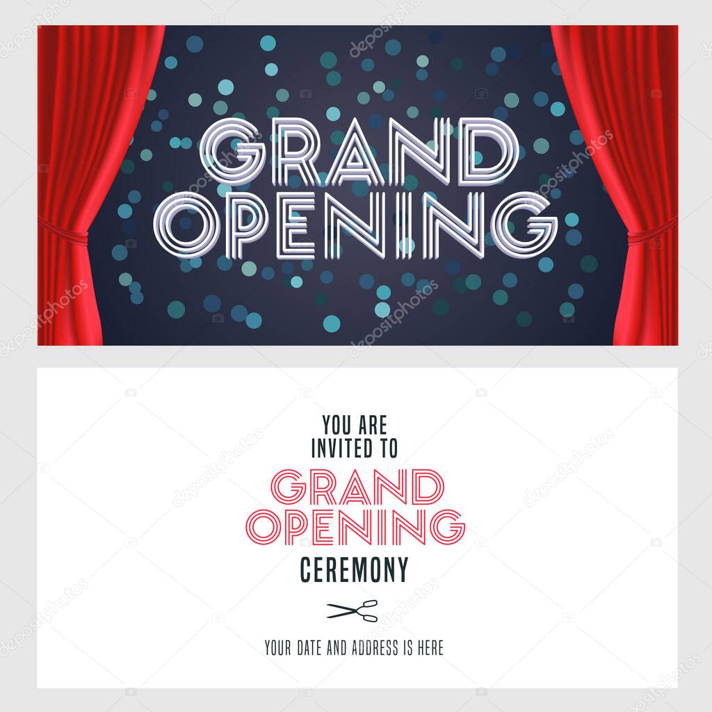 Grand opening vector banner, illustration, invitation card. Template festive invite design with red curtain and text for opening ceremony