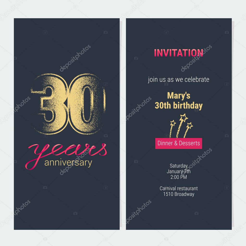30 years anniversary invitation vector illustration. Graphic design template with golden glitter stamp for 30th anniversary party or dinner invite