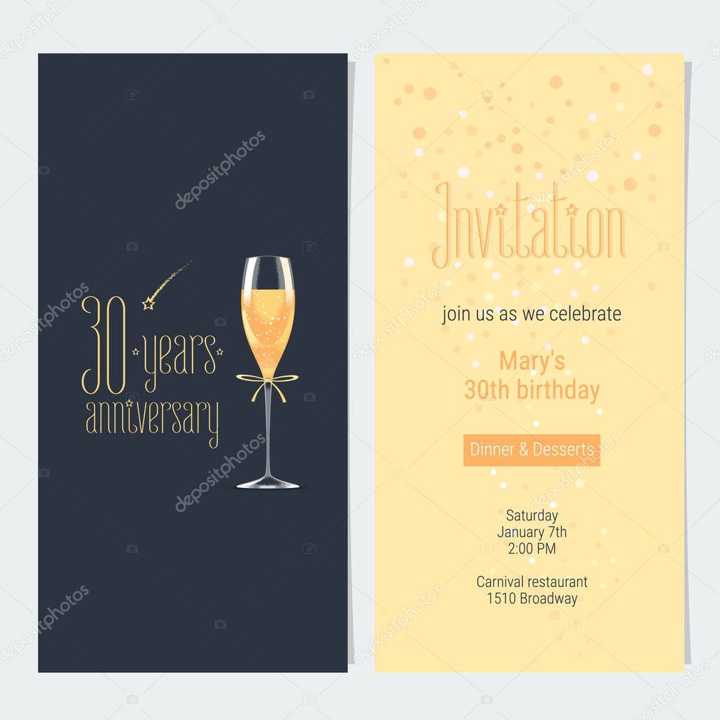 30 years anniversary invitation  vector illustration. Design element with icon with age, lettering and bodycopy template for 30th anniversary greeting card, party invite