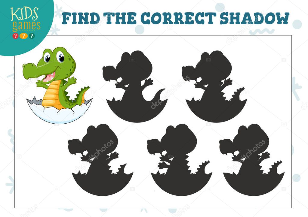 Find the correct shadow for cute cartoon little crocodile educational preschool kids game. Vector illustration with five silhouettes for shadow matching puzzle