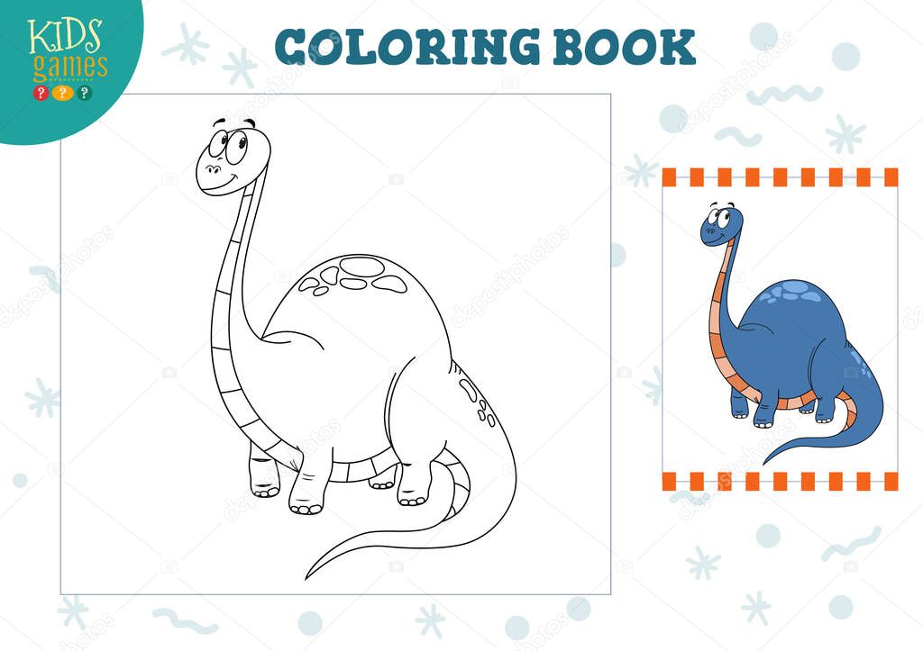 Coloring book, blank page vector illustration. Preschool kids activity with drawing and colouring cartoon dinosaur character. Black and white outline game design for education 
