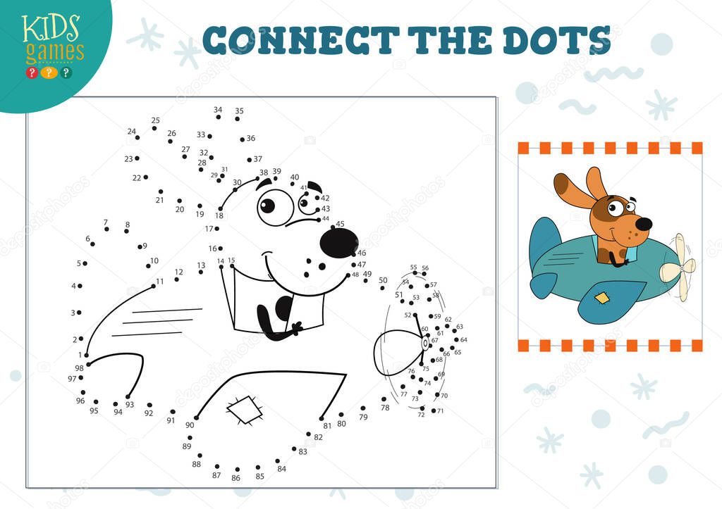 Connect the dots kids game vector illustration. Preschool children education activity with joining dot to dot and coloring dog character
