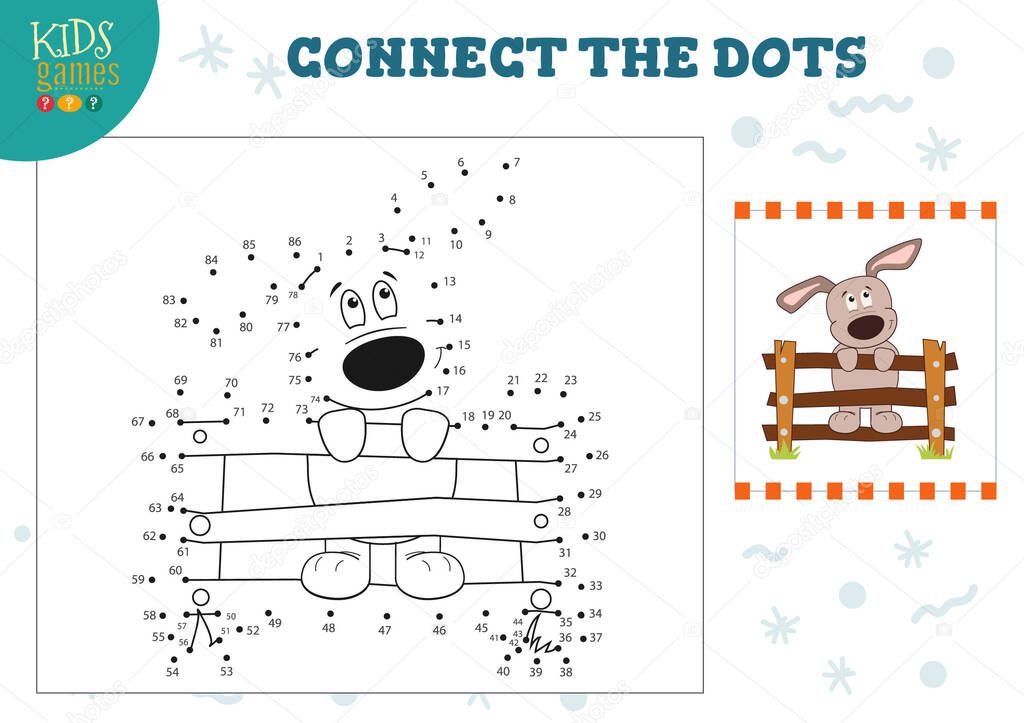 Preschool kids game with connect the dots game vector illustration. Following dot to dot by numbers and drawing cartoon dog character