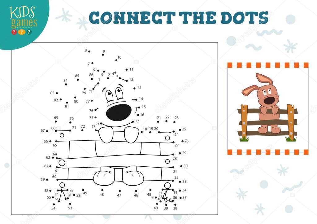 Preschool kids activity with connect the dots game vector illustration. Joining dot to dot by numbers and coloring cartoon dog character