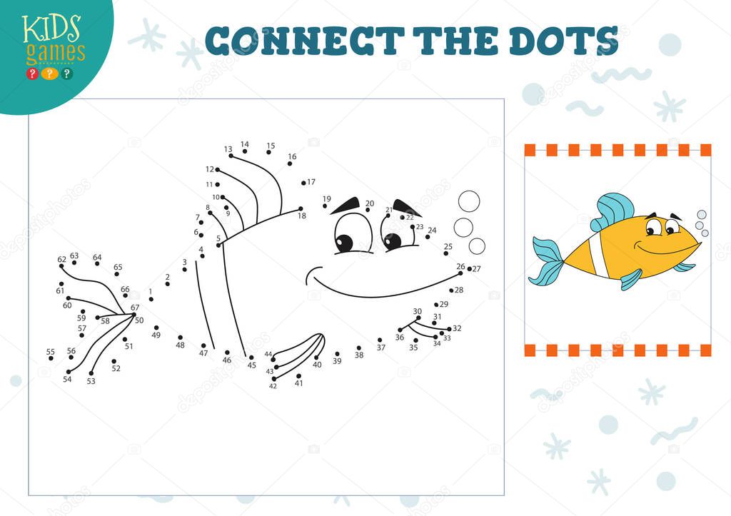 Connect the dots kids game vector illustration. Preschool children education activity with joining dot to dot and coloring fish character